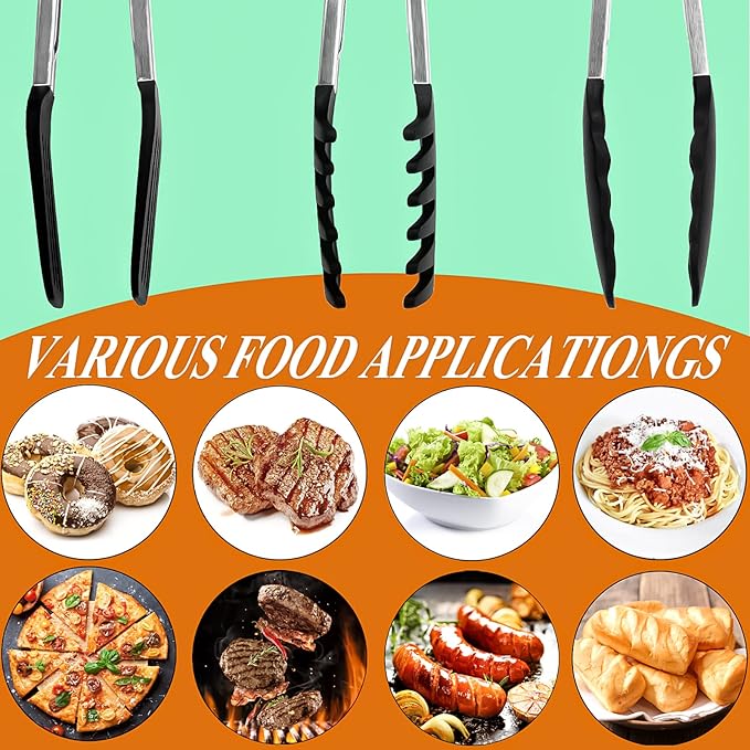 HST Tongs for Cooking with Silicone Tips(3 Pack), Non Stick Kitchen Tongs with Silicone Tip for Cooking BBQ Baking (9", Black)