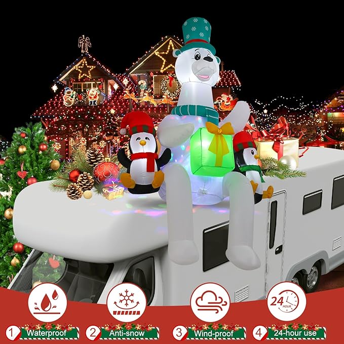 8 FT Polar Bear Inflatable Decoration Sitting on Roof with LED Lights and Kaleidoscope Lights, Suitable for Holiday Celebration Decorations on Yard, Lawn and Patio
