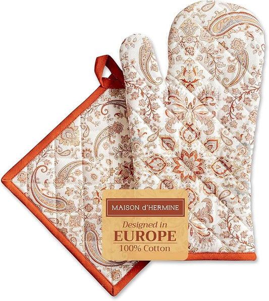 Maison d' Hermine 100% Cotton Oven Mitt & Pot Holder Set (7.5"x13" & 8"x8") Heat Resistant BBQ Cooking Gloves with Loop for Thanksgiving Christmas Decorations Handling Hot Pans (Cachemire)
