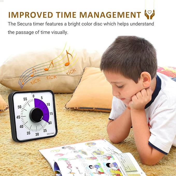Secura 60-Minute Visual Countdown Timer, 7.5-Inch Oversize Classroom Visual Timer for Kids and Adults, Durable Mechanical Kitchen Timer Clock with Magnetic Backing (Purple)