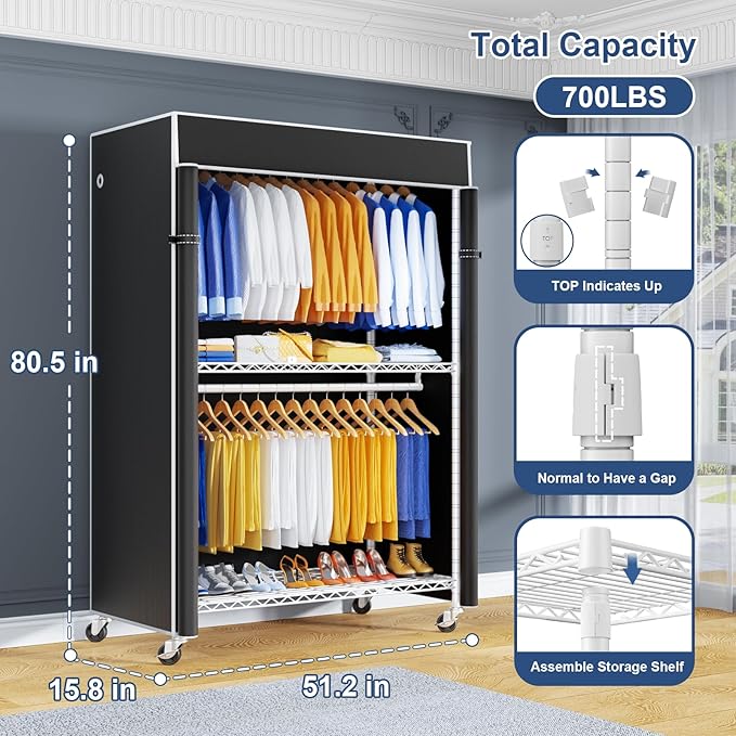 P8C Heavy Duty Clothes Rack（With Extended Width Design） Rolling Clothing Racks for Hanging Clothes with Lockable Wheels，51.2"W x 15.8"D x 80.5"H，Max Load 700LBS，White Rack with Black Cover