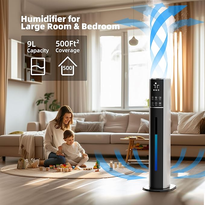 Large Humidifier for Bedroom,9L/2.5Gallon Cool Mist Humidifier with Humidistat,360°Nozzle, 350ML/H Big Mist Level,Cover up to 550ft²,Plant Quiet 30db humidifier with essential oil diffuser