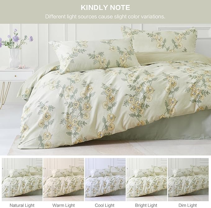 SAPHREAS Green Leaf Twin Duvet Cover Set 2pcs Tropical Botanical Yellow Flower Bedding Comforter Cover Set 100% Cotton 1 Duvet Cover 1 Pillow Sham, Comforter Not Included