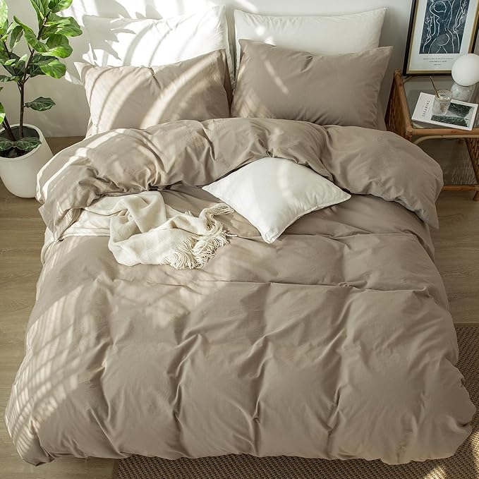 MooMee Bedding Duvet Cover Set 100% Washed Cotton Linen Like Textured Breathable Durable Soft Comfy (Solid Light Camel, King 104"x90")