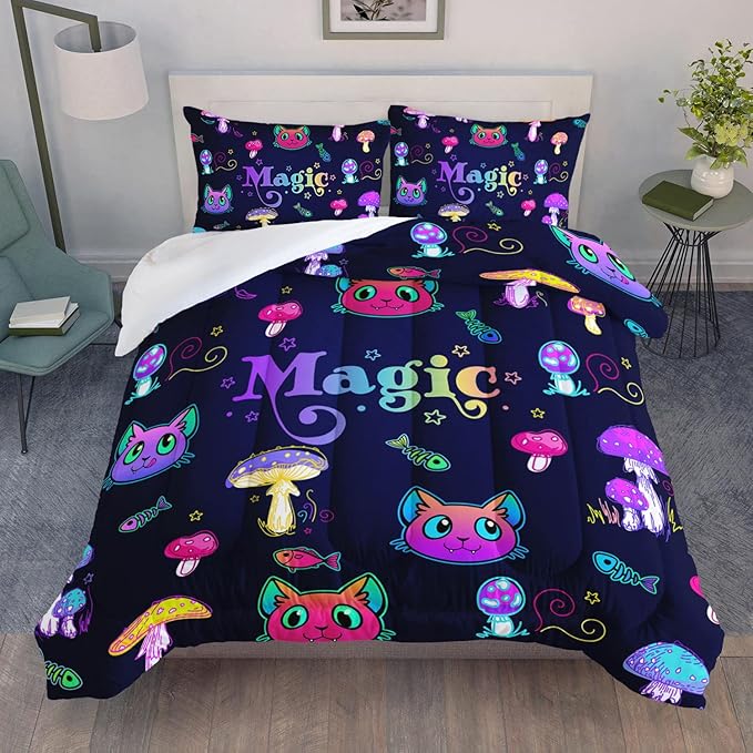 Mushroom Cat Kids Comforter Bedding Set for Boys Girls, Cartoon Mixed Color Mushroom and Cute Cat Fishbone Pattern Comforter with 2 Pillowcases(Mushroom Cat Full)