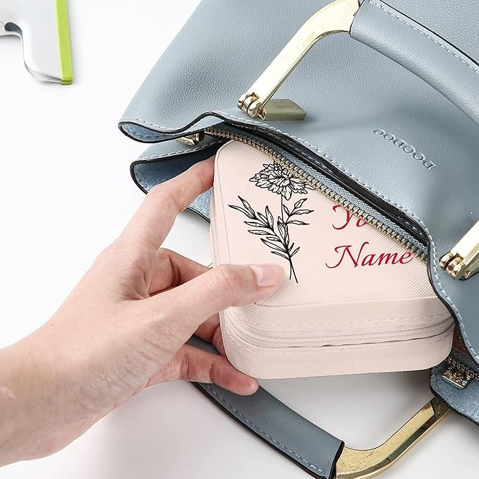 Personalized Jewelry Boxes for Women, Custom Travel Jewelry Case with Name and Birth Flower Month, Portable Jewelry Box Organizer for Mom Birthday Gifts (Pink Customizable)