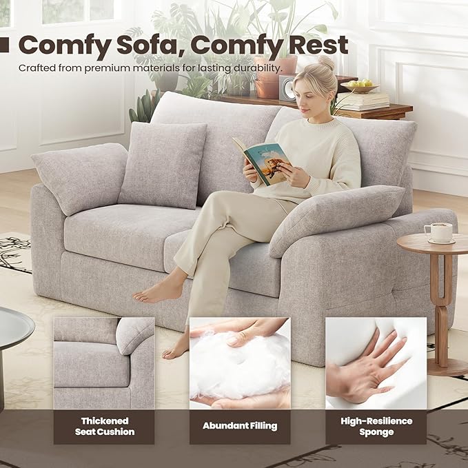 76" Boneless Loveseat Sofa, Cloud Foam Couch, 3 Seater Upholstered Midcentury Mondern Love Seat, Wide Armrest and 4 Pillows for Home Living Room/Small Spaces, No Assembly Required, Camel