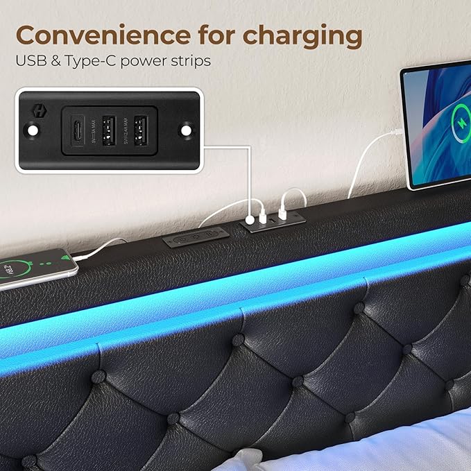 Rolanstar Queen Bed Frame with LED Lights and Charging Station, PU Leather Bed with Drawers, Wooden Slats, Noise Free, Easy Assembly, Black