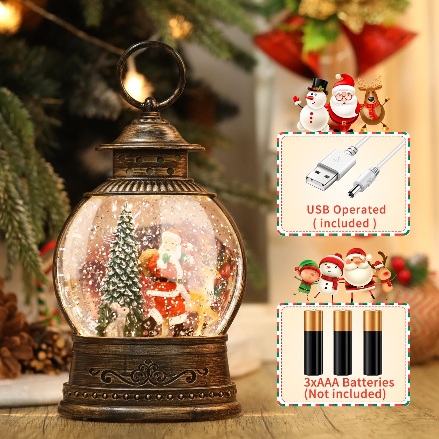 Christmas Snow Globes Christmas Decorations, Lighted Musical Snow Globes Lantern, Santa Decoration Indoor Home Décor & Gift, 6H Timer, USB/Battery Operated