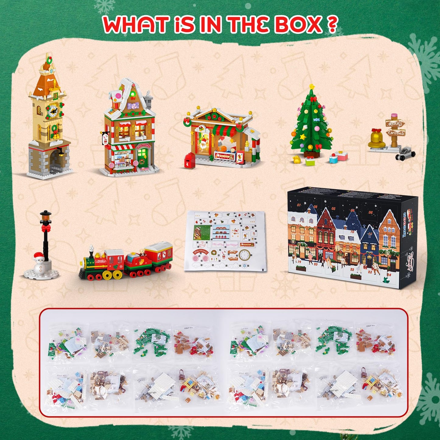 INSOON 2025 Advent Calendar Christmas Mini Building Set with Light, 24 Days Countdown City Main Street Building Block Kit with Xmas Tree, Holiday Gift Building Toys for Adults Kids Boys Girls Ages 8+