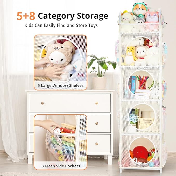 Stuffed Animal Storage, 5 Tier - 8 Side Pockets Toy Storage Organizer, 63.8" Space-Saving Corner Storage for Kids' Bedroom & Playroom, Ivory