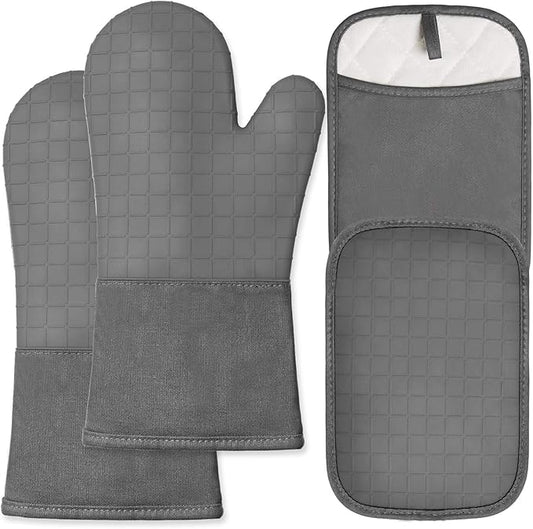BPA-Free Soft Silicone 4 Piece Oven Mitts & Pot Holders Set - Ultra Heat Resistant Oven Mitts with Thick Cotton Liner - Long Slip Resistant Pot Holders, Flexible Oven Gloves - Gray