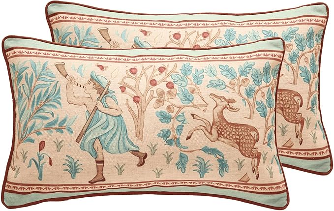 patdrea Designer Pack of 2 Rectangle Throw Pillow Covers,Farmhouse Vintage Linen with Beige Ancient Idyll Pattern,Decorative Lumbar Pillowcases Cushion for Bed Living Room Outdoor Car,12"x20"