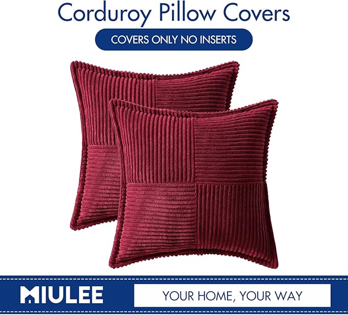 MIULEE Christmas Decorative Throw Pillow Covers for Couch Bed Livingroom 20x20 Inch Set of 2 Burgundy Boho Accent Throw Pllows Broadside Striped Patchwork Soft Corduroy Pillowcases