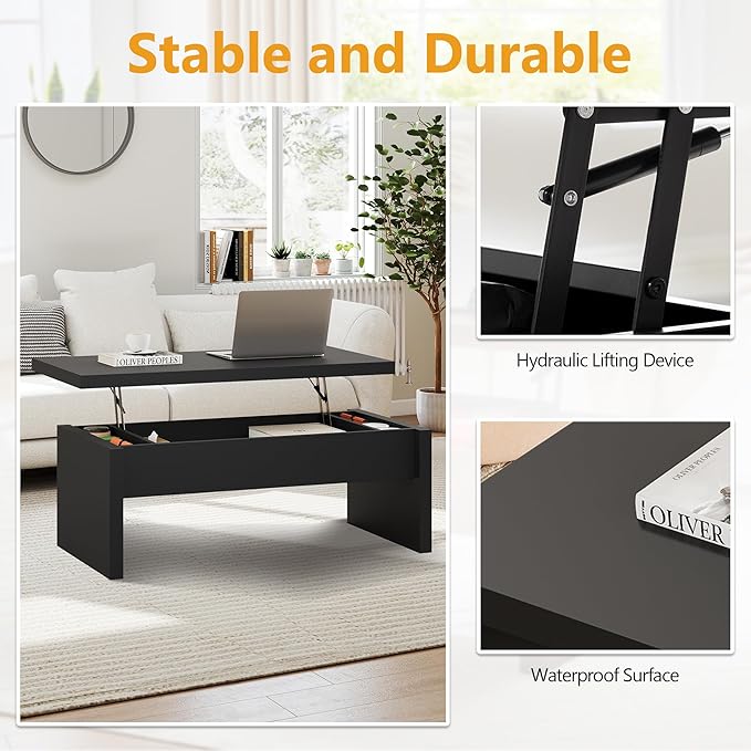 Small Lift Top Coffee Table, Wood Rectangle Coffee Table with Lifting Top and Hidden Storage Compartment, Modern Mid Century Center Tables for Small Space, Living Room, Office-Black