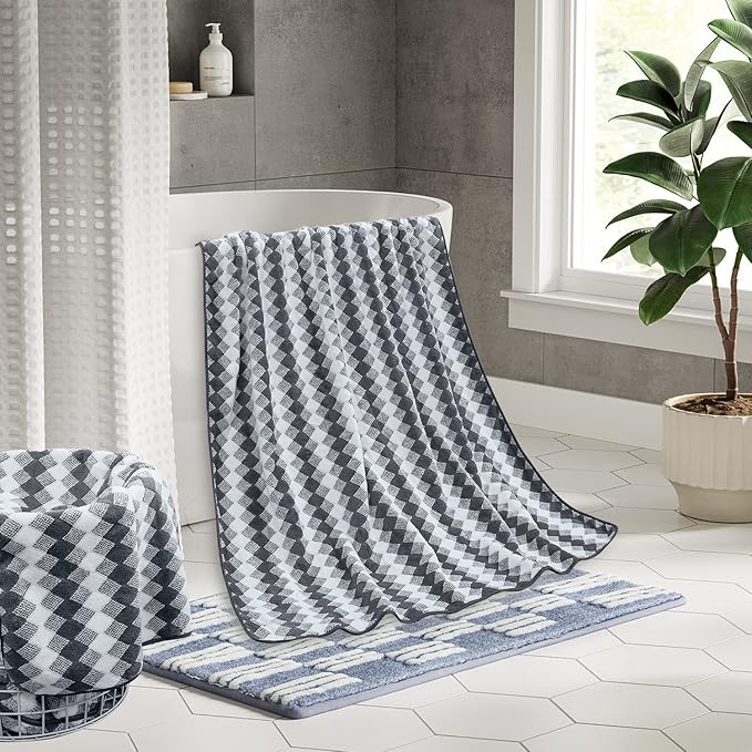 Grey Bath Towels Set of 4, Towels Large Bathroom 35X70in 600 GSM Quick Dry Towel Microfiber Thick Bath Towel Diamond Pattern Super Soft Absorbent Bath Sheets Towels for Adults Bathroom Spa Hotel