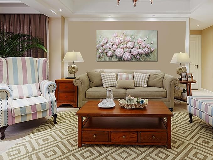 Arjun Pink Rose Wall Art Flower Canvas Painting 3D Textured Floral Silver Grey Artwork Modern Abstract Petals Tranquil Framed Large for Living Room Bedroom Bathroom Home Office Wall Decor, 40"x20"