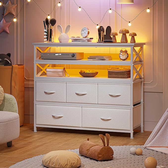 White Dresser TV Stand for 50" TV, Sturdy Dresser for Bedroom with 5 Fabric Drawers and Wood Open Shelves, Chest of Drawers Storage Dressers for Entryway, Closet, 11.8" D x 39.4" W x 38.4" H