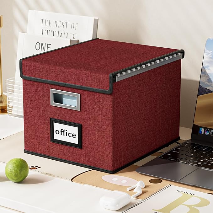 Huolewa File Storage Organizer Box with lid, Decorative Small Oragnizer Boxes for Hanging File, Linen Filing Box Cabinet with Plastic Slides for Office/Decor/Home Organization