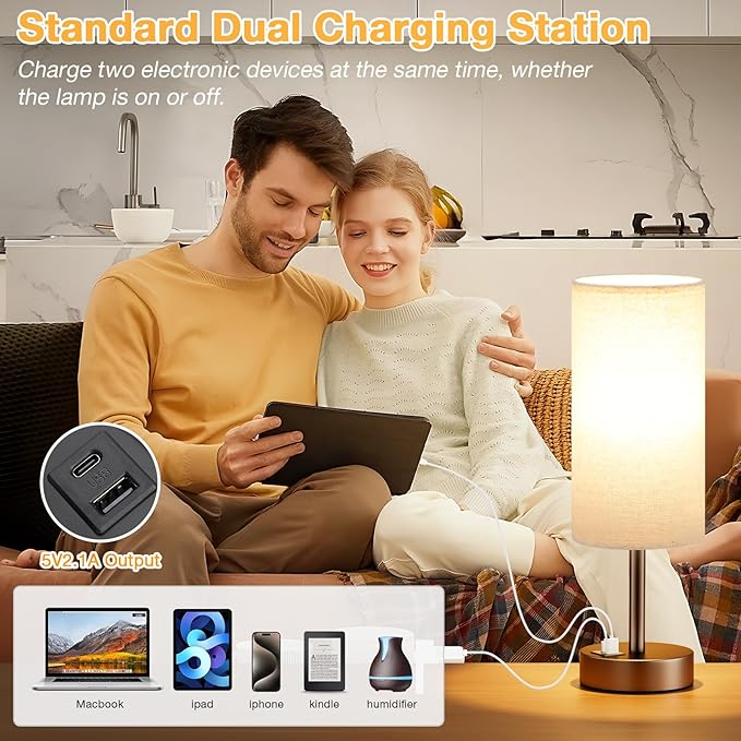 Beige Touch Table Lamp for Bedroom - 3 Way Dimmable Bedside Lamp with USB, Nightstand Lamp with Brown Charging Station for Desk, Dorm, Office