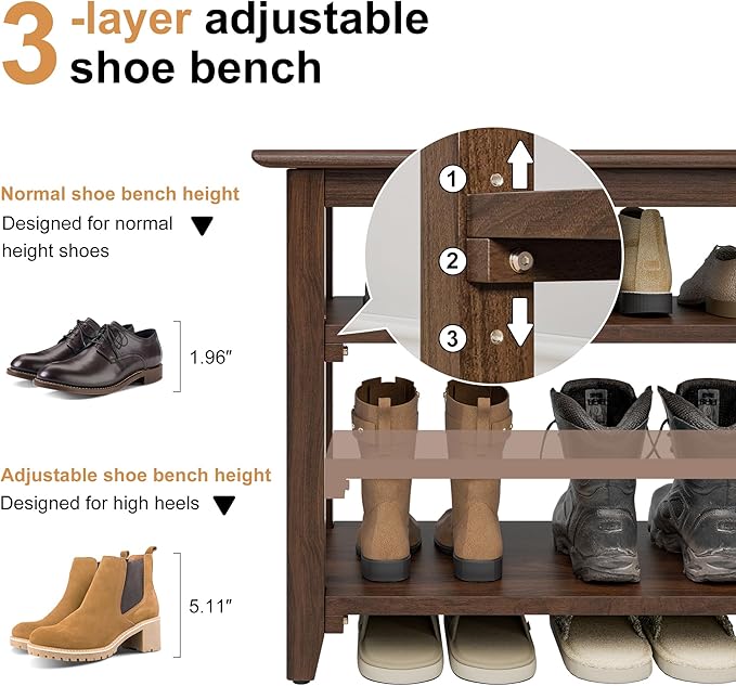 Wooden Storage Shoe Bench, Entryway Bench with 3-Tiers Height Adjustable, Shoe Rack Front Doors Entrances for Hallway Living Room,Mudrooms (Brown,39.4")