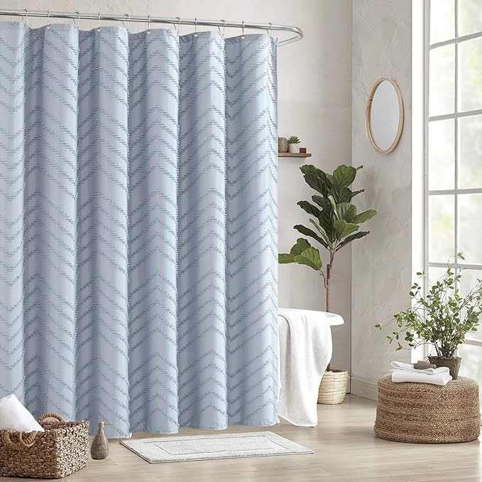 Light Blue Boho Fabric Shower Curtain Tufted Chevron Striped Textured Cloth Curtains for Bathroom, Fog Blue