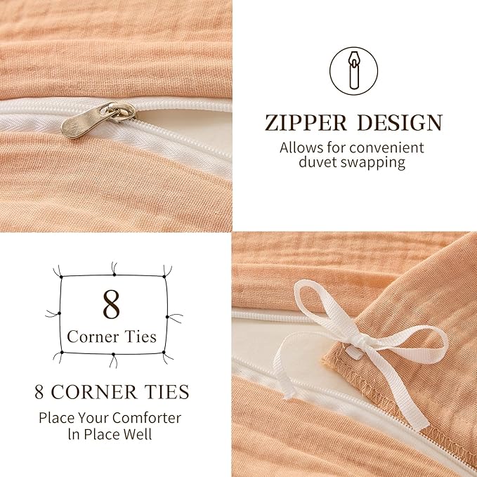 MEISHANG Muslin Duvet Cover Queen Size - 100% Organic Cotton, Soft Textured Gauze Weave Comforter Cover for Breathable All-Season with Zipper Closure - 3 Piece Set (Queen, Cameo Rose)
