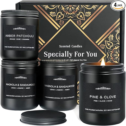 Scented Candle Set for Men, 4 Pack Black Jar Candles with Manly Scents – Amber Patchouli, Magnolia Sandalwood, Cedar Oakmoss, Pine Clove, Soy Wax Aromatherapy Gift for Him, Dad, Husband, Father's Day