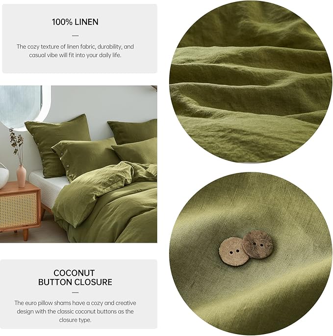 Simple&Opulence 100% Washed Linen Euro Sham Cover, 26 x 26 Inch, Decorative Bed Pillow Cover with Coconut Button, Solid Color Pillow Shams Set of 2 (Olive Green)