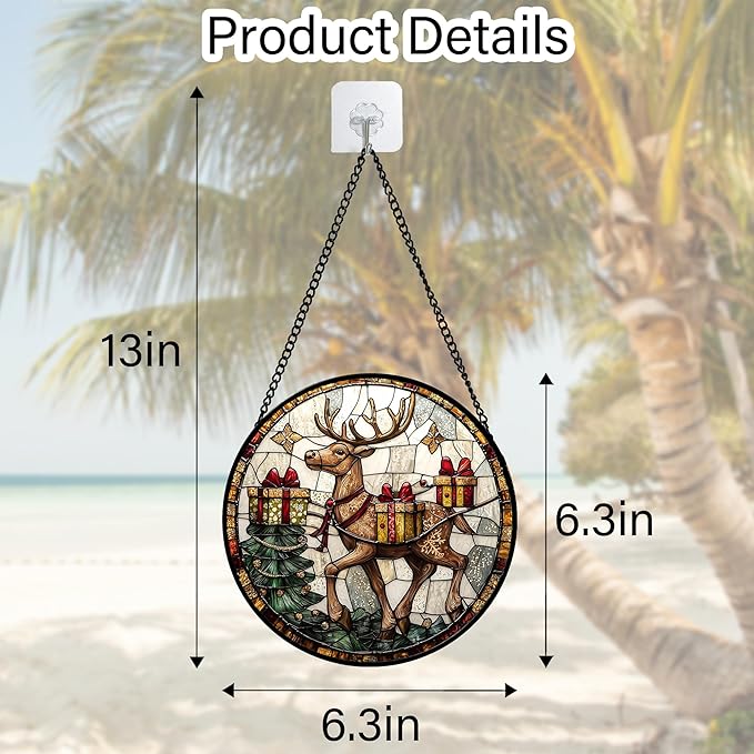 Stained Glass Window Hanging, Christmas Tree Elk Sun Catchers Colorful Glass Panel Retro Suncatcher Decor for Birthday for Women, Men, Wife, Aunt, and Mom 6.3 in