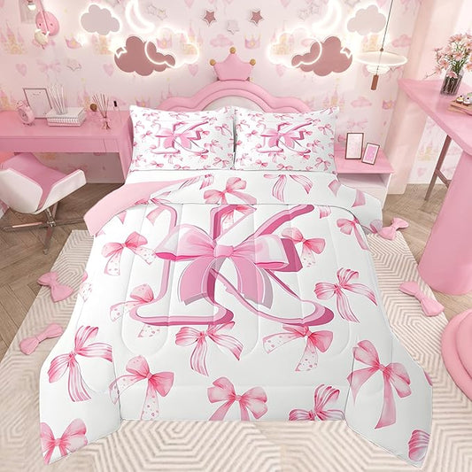 jejeloiu Kids Girls Cute Pink Bow Comforter Set Queen Size Monogrammed Bedding Set Ultra Soft Personalized Initial K Duvet Quilt Coquette Bow Knot Quilt Set Room Decor Modern Fashion Comforter