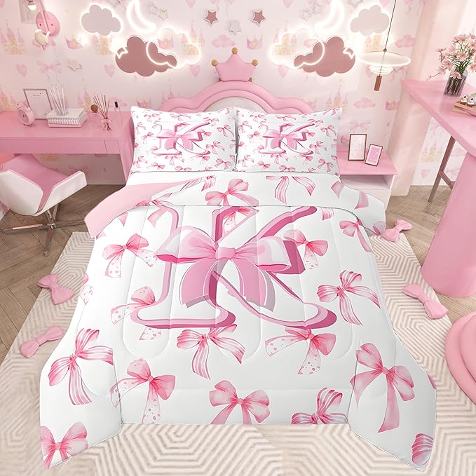 jejeloiu Kids Girls Cute Pink Bow Comforter Set King Size Monogrammed Bedding Set Ultra Soft Personalized Initial K Duvet Quilt Coquette Bow Knot Quilt Set Room Decor Modern Fashion Comforter