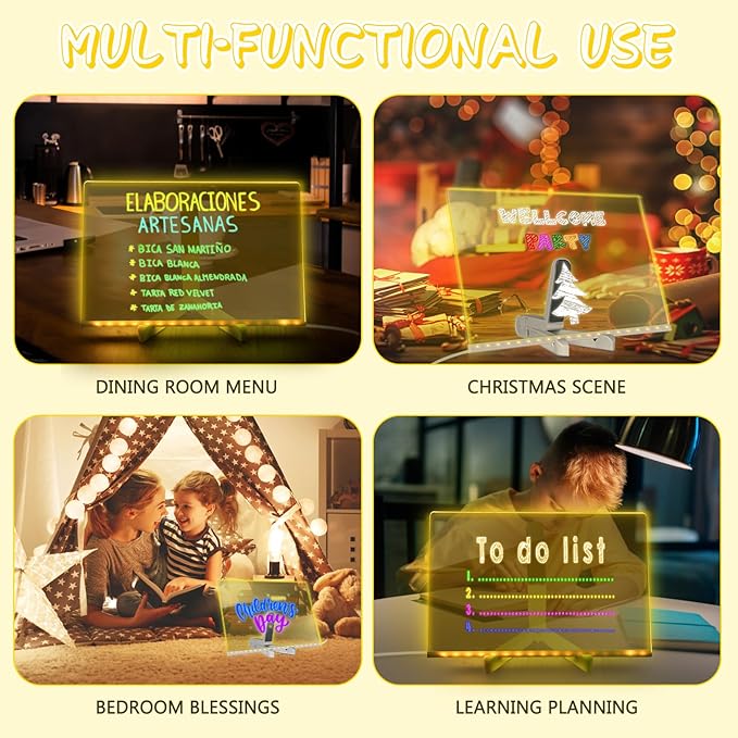 Acrylic Dry Erase Board LED Note Board with Colors, 2025 New Glowing Acrylic Message Marker Board with Light, Dry Erase Board with Stand & 7 Colored pens Illuminated Drawing Board 11.8in * 7.9in