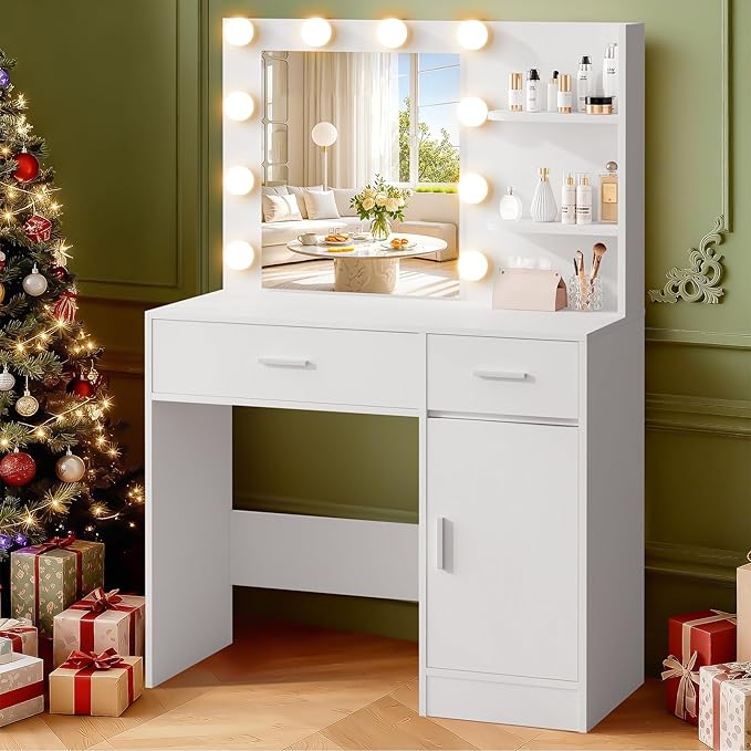 Lighted Makeup Vanity Desk, 35.4“W x 15.7'”D x 54“H, White (with Lights and Mirror, Dimming Function, 2 Drawers and 1 Cabiniet, Open Shelves) by Boahaus