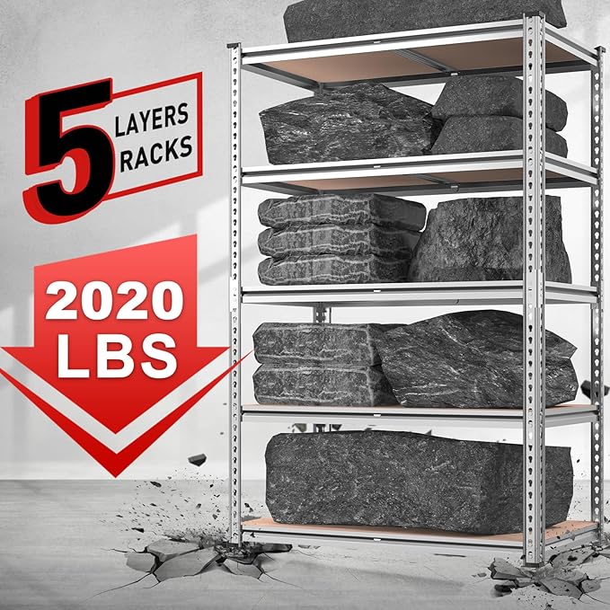 REIBII 2020LBS Garage Shelving Heavy Duty Metal Shelving 5 Tier Storage Shelves, Garage Shelves for Warehouse Basement, Easy Assembly, 72" H x 35.55" W x 16" D, Galvanized, 2 Pack