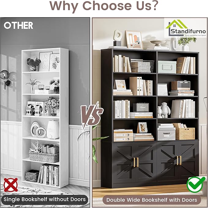 Black 6 Tier Bookshelf with Storage Set of 2, 71” Tall Farmhouse Bookcase with 8 Doors and Adjustable Shelves, Wooden Floor Standing Display Book Shelf Organizer for Home Office