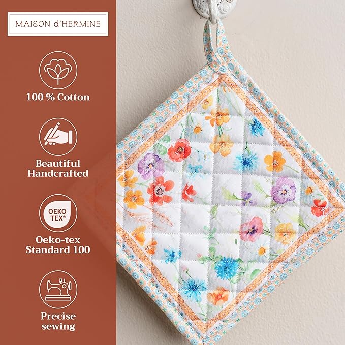 Maison d' Hermine Pot Holders Set 100% Cotton Heat Resistant Potholders 8" x 8" Hot Pads with Loop BBQ, Cooking, Baking, Grilling, Kitchen, Handling Hot Pans Spring/Summer (Pack of 2, Summer Whisper)
