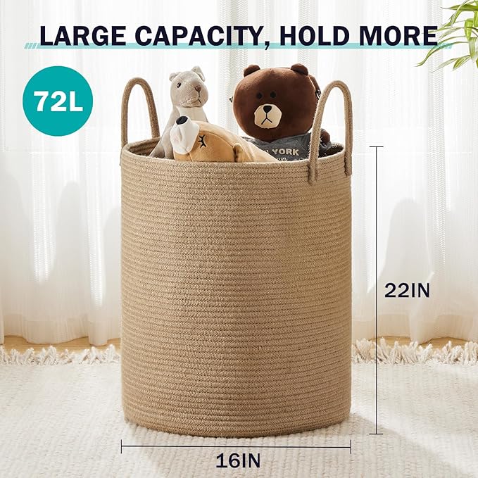 Jute Rope Woven Laundry Hamper Basket by YOUDENOVA, 72L Tall Luandry Basket, Baby Nursery Hamper for Blanket Storage in Bedroom-Large-Jute