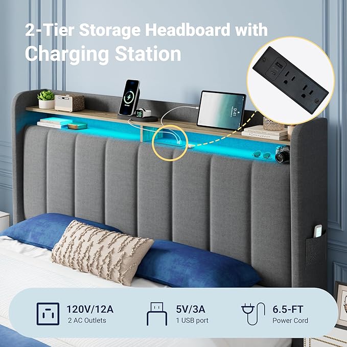 Allewie Vertical Tufted Queen Upholstered Platform Bed Frame with 2-Tier LED Storage Headboard & 2 Storage Drawers, USB & Type-C Charging Ports, Noise-Free/No Box Spring Needed, Dark Grey