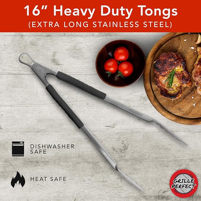 Grill Tongs 16-Inch Extra Long Heavy Duty for Grilling and Barbecue Heat Resistant Hand Grips Stainless Steel for BBQ Outdoor Kitchen and Cooking Hot Grilled Food