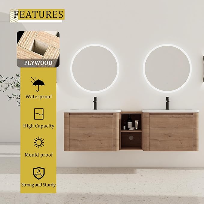 Goujxcy 68 Inch Bathroom Vanity with Sink Combo Modern Floating Vanity Cabinet with Ceramic Vessel Sink and Storage Shelves, Soft Closing Door Design (Imitative Oak)