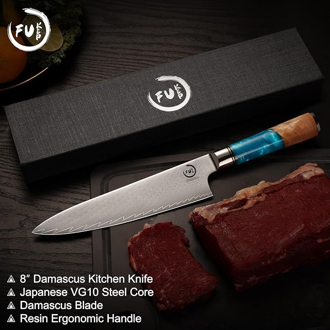 Chef Knife 8 inch, Damascus Chef Knife VG10 Core Steel with 66-Layers High Carbon Professional Sharp Chefs Knife 8" Blade Ergonomic Beautiful Blue Resin Handle Gift Boxed