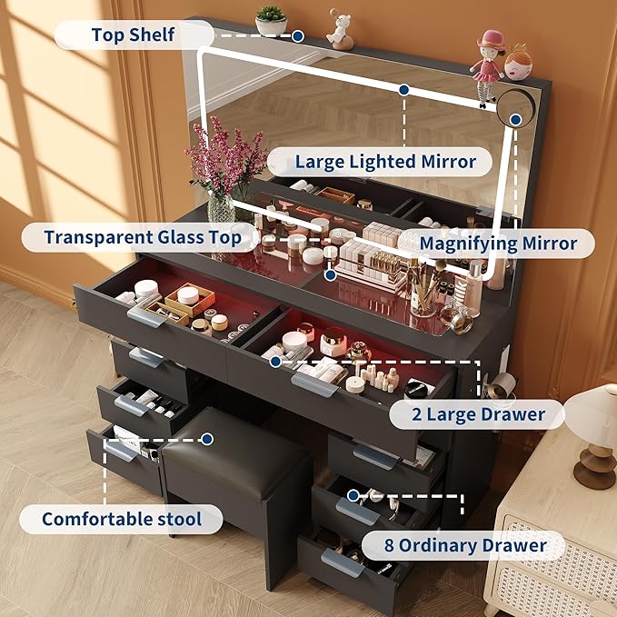 Vanity Desk with Large Mirror and Lights, Makeup Vanity Desk Set with Power Outlet, Stool, 10 Drawers Storage, Magnifying Glass, Hairdryer Holder, 3 Lighting Color Adjustable for Bedroom (Black)