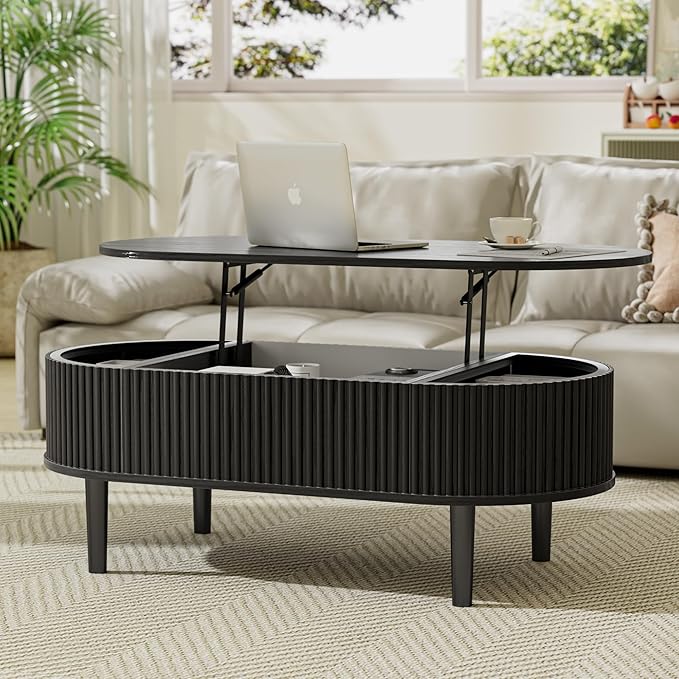 EAG Fluted Lift Top Coffee Table with Hidden Compartment, Modern Oval Coffee Table with Storage, Fully Wood Center Table for Living Room, Office, Black