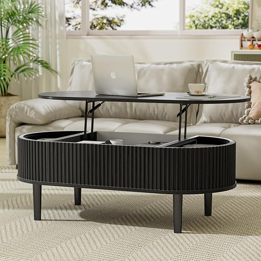 EAG Fluted Lift Top Coffee Table with Hidden Compartment, Modern Oval Coffee Table with Storage, Fully Wood Center Table for Living Room, Office, Black