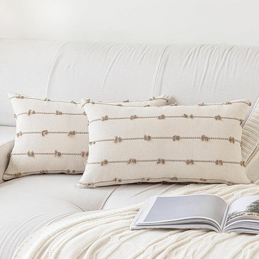 Boho Throw Pillow Covers 12x20 Set of 2 Modern Farmhouse Decorative Cushion Case Tufted Square Pillows Cover Neutral Pillow Cases Accent Pillowcase for Sofa,Couch,Bed,Beige and Khaki