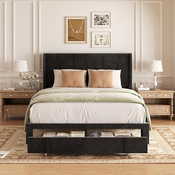 Queen Bed Frame with Storage Drawers, Upholstered Queen Size Platform Bed with 47" Tall Headboard and Wingboard, No Box Spring Needed, Noise Free, Easy Assembly, Wooden Support Slats, Black