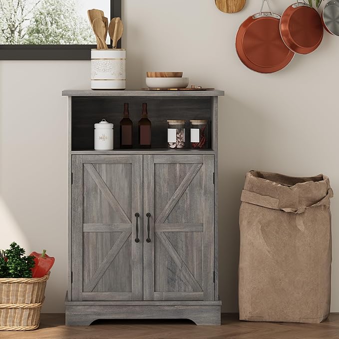 Smuxee Farmhouse Freestanding Cabinet Organizer with Barn Door and Adjustable Shelf, Wash Grey, for Bathroom, Kitchen, Living Room