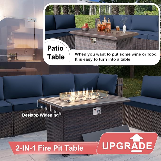 Kurapika 13 Pieces Patio Furniture Set, Rattan Wicker Outdoor Conversation Sets w/43in Propane Fire Pit Table(Navy Blue)
