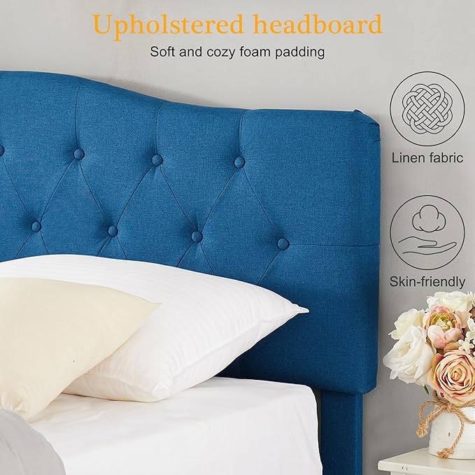 VECELO Queen Size Bed Frame Upholstered Platform with Tufted Adjustable Headboard/Mattress Foundation with Wood Slat Support, Easy Assembly,Blue